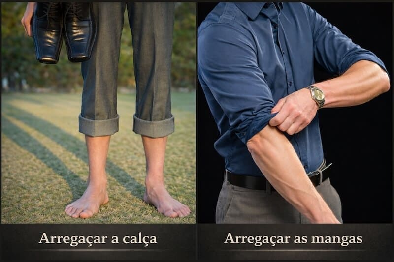 Arregaçar meaning in Portuguese: rolling up sleeves and pant legs