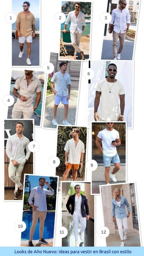 Hombres con camisa blanca y pantalones claros en entorno natural, estilo casual elegante, moda verano Brasil.