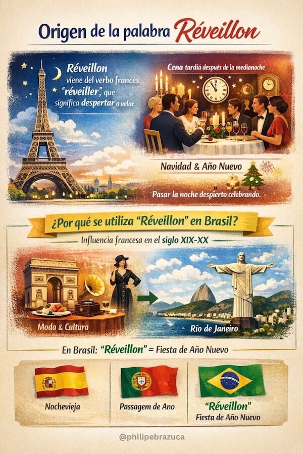 Ilustración explicando por que se utiliza la palabra Réveillon en Brasil