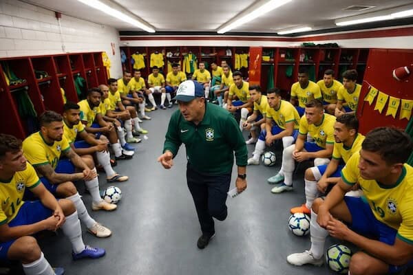 Coach giving a vamos arregaçar pep talk to young soccer players in the locker room before the game