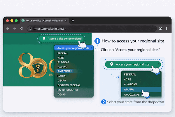 Screenshot of the official CFM website showing the “Acesse o site do seu regional” button, used to find the Regional Medical Council (CRM) of the state where the doctor intends to work in Brazil