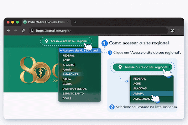 Tela do site oficial do CFM mostrando o botão “Acesse o site do seu regional”, usado para encontrar o CRM do estado onde o médico pretende atuar en Brasil