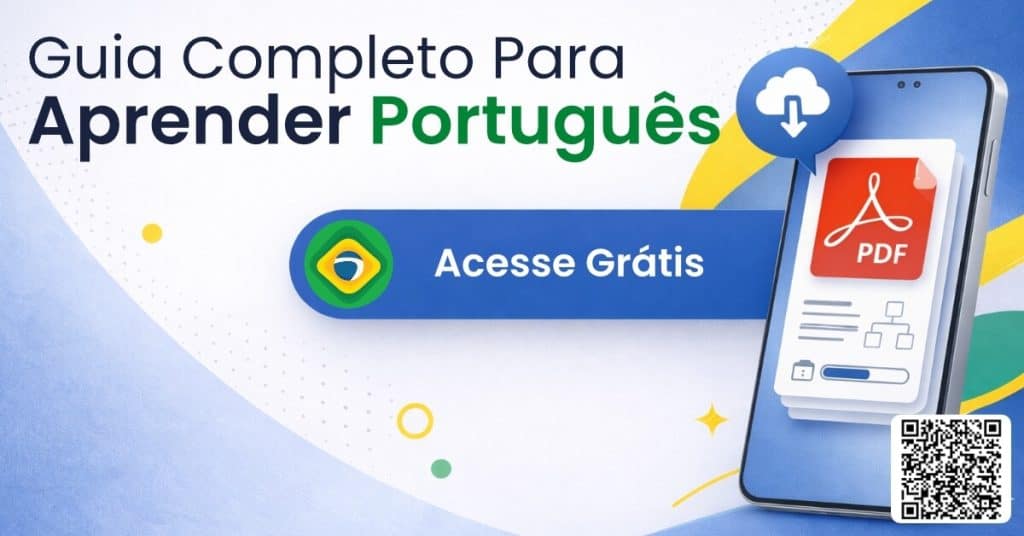 Guia gratuito em PDF para aprender português exibido na tela de um celular com botão de download e QR code