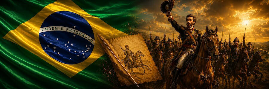 Illustration of Dom Pedro I on horseback raising his hat during Brazil's Cry of Independence on September 7, 1822 — Brazil Independence Anthem lyrics and history