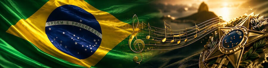 Brazilian flag with golden musical notes and national coat of arms — Brazil National Anthem lyrics with full meaning and glossary