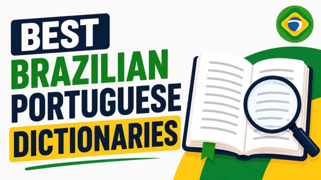 best Brazilian Portuguese dictionaries online - open book with magnifying glass and Brazil flag colors