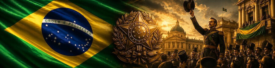 Illustration of Brazil's Proclamation of the Republic with a military officer raising his hat before a crowd — Brazil Proclamation of Republic Anthem lyrics and history