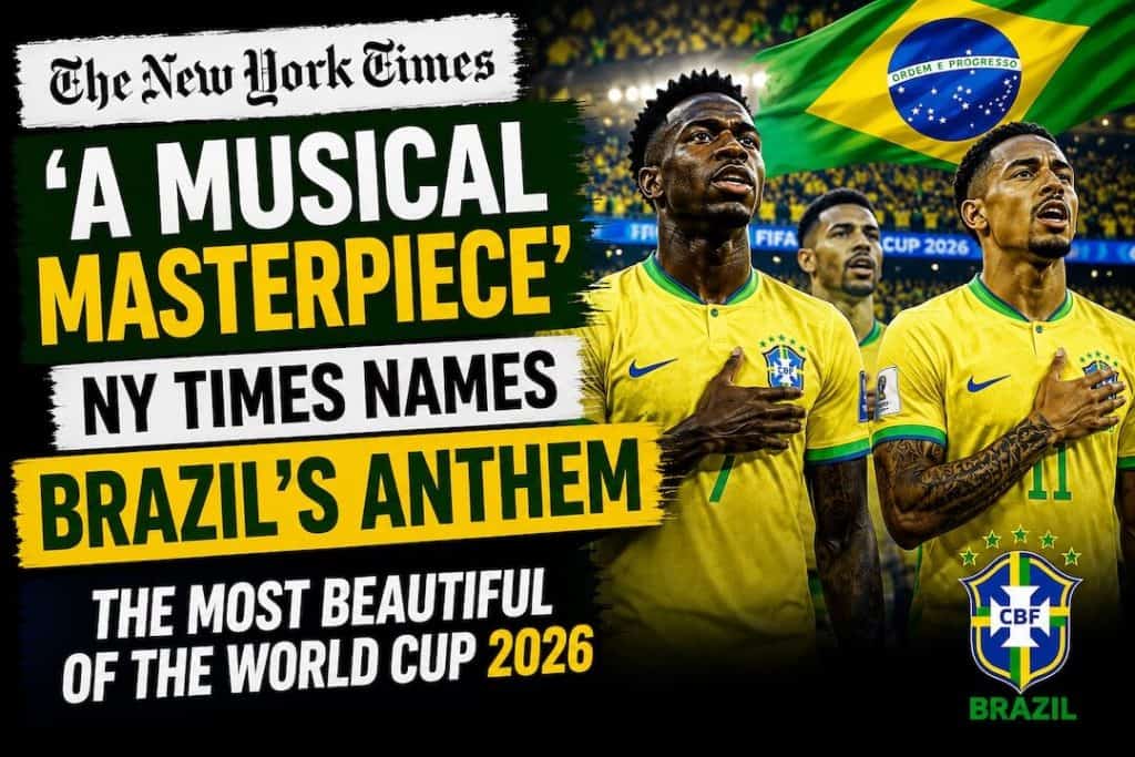 Brazil national team players singing the Brazil national anthem at the 2026 World Cup