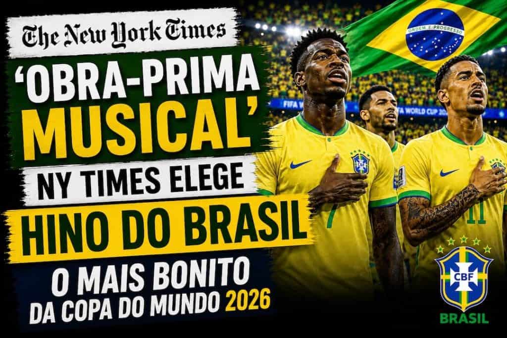 Jogadores da Seleção Brasileira cantando a letra do Hino Nacional do Brasil na Copa do Mundo 2026