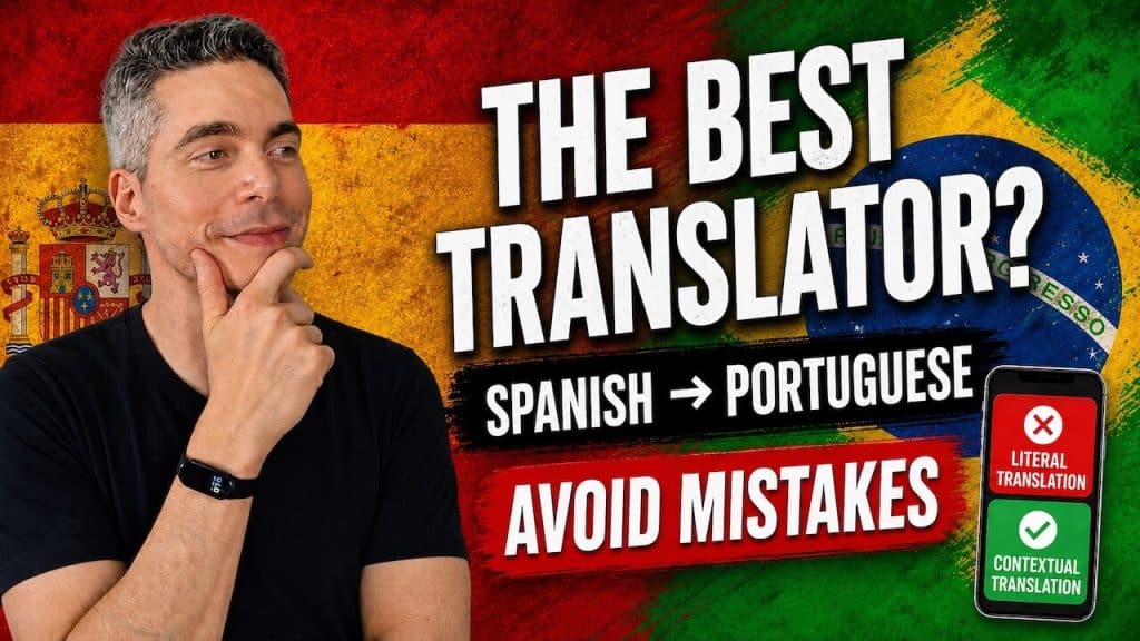Thoughtful Philipe Brazuca between the Spanish and Brazilian flags choosing the best Spanish Portuguese translator to avoid errors
