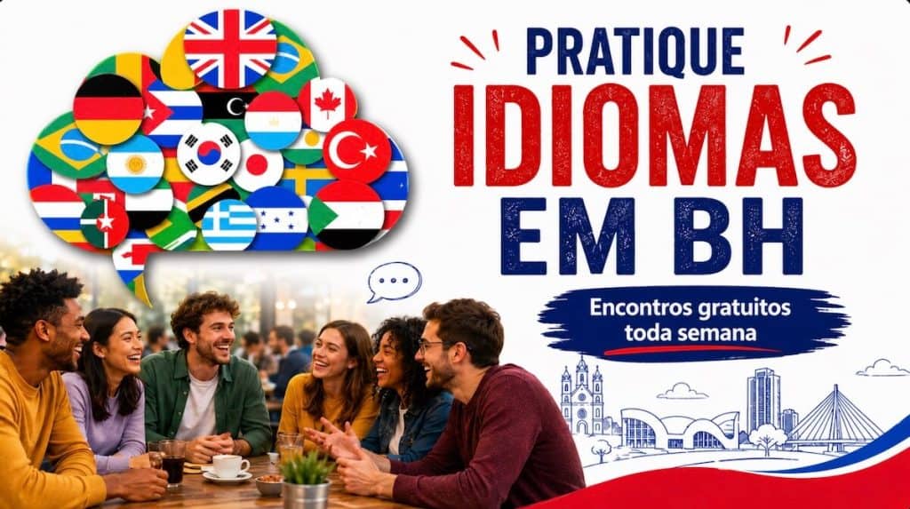 Grupo de pessoas conversando em um bar, ilustrando onde praticar idiomas em BH