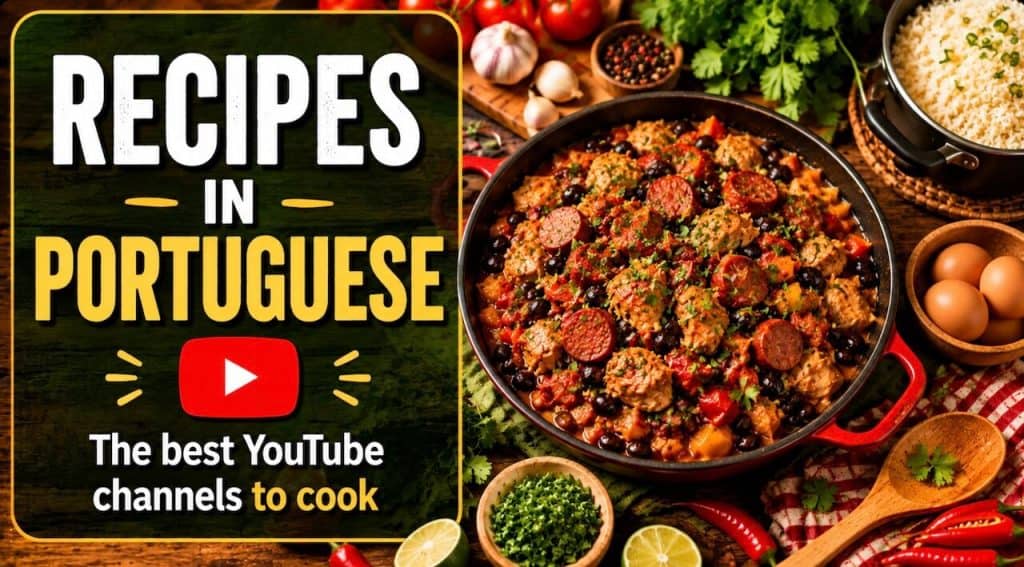 Recipes in Portuguese served in a skillet with fresh ingredients and the best YouTube channels to cook