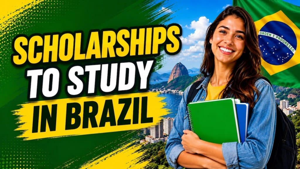 Smiling student holding notebooks in Rio, promoting scholarships to study Portuguese in Brazil