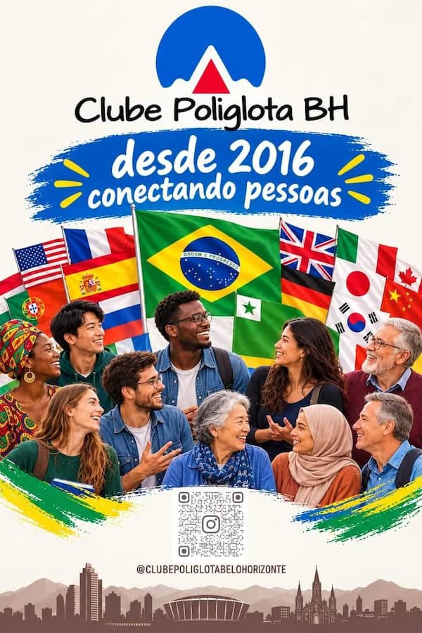 Afiche del Clube Poliglota BH con personas de varias culturas conversando frente a banderas de varios países