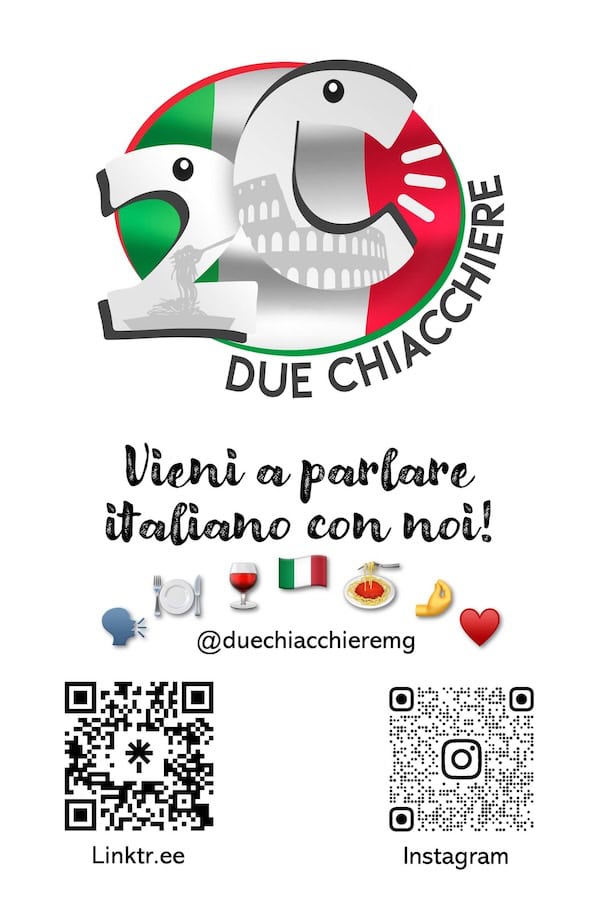 Afiche del Due Chiacchiere MG, grupo de conversación en italiano en BH, con logo en los colores de Italia y códigos QR