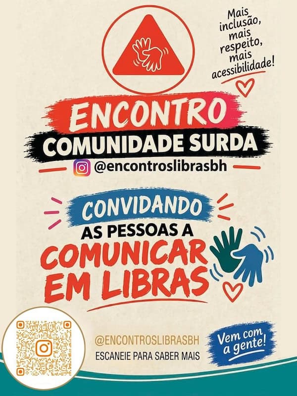 Afiche del Encontros Libras BH que invita a comunicarse en Libras, con manos haciendo señas, un corazón y código QR de Instagram