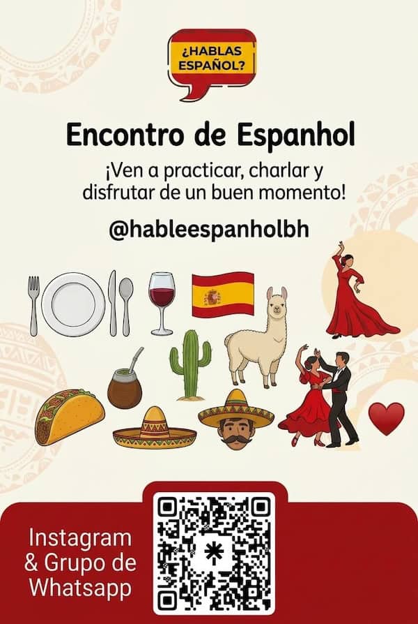Afiche del Hable Español BH, encuentro de español, con taco, mate, llama, bailarines de flamenco y código QR