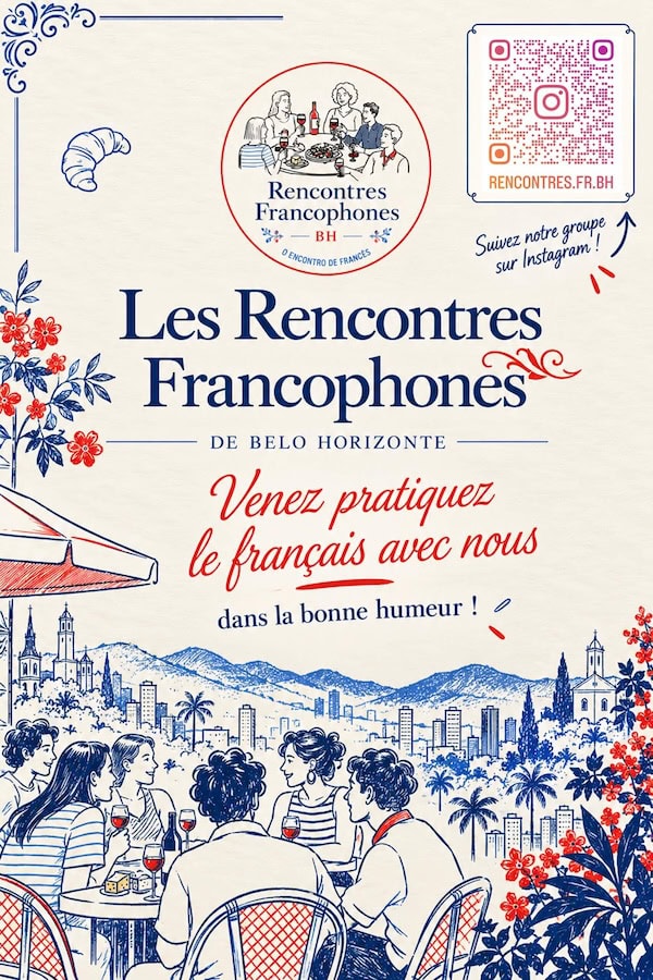 Afiche de las Rencontres Francophones de BH: ilustración de amigos en un café con vino y vista de Belo Horizonte