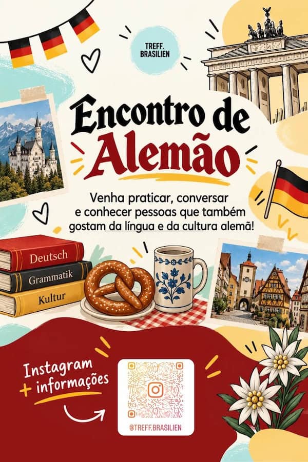 Afiche del encuentro de alemán Treff Brasilien en BH con pretzel, jarra de cerveza, Puerta de Brandeburgo y código QR de Instagram