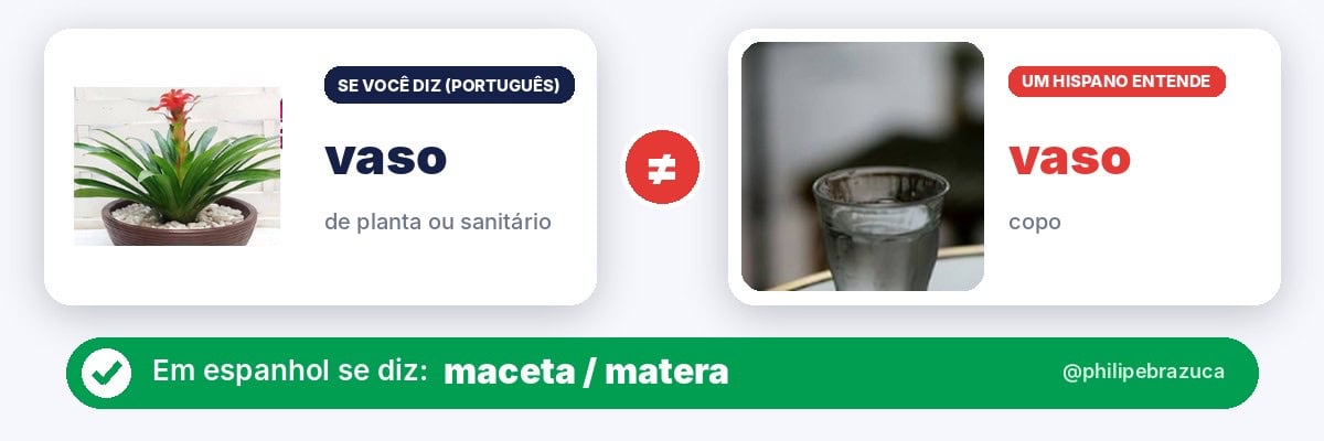 Falso cognato em espanhol: vaso (de planta ou sanitário) x vaso, que em espanhol é copo. Diga maceta / matera