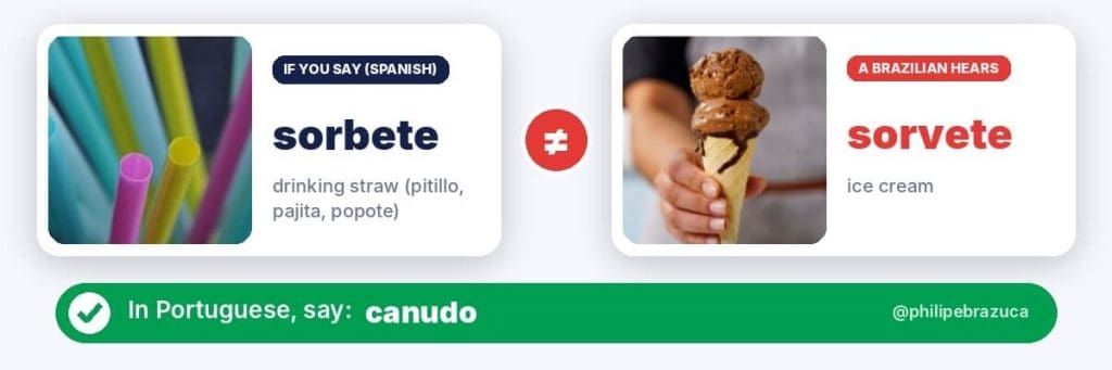 False friend: sorbete (drinking straw, pitillo, pajita, popote) vs sorvete (ice cream). Say canudo