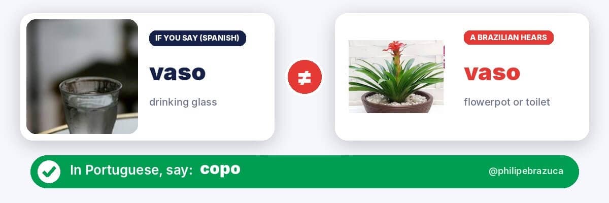 False friend: Spanish vaso (drinking glass) vs Portuguese vaso (flowerpot or toilet). In Portuguese, say copo
